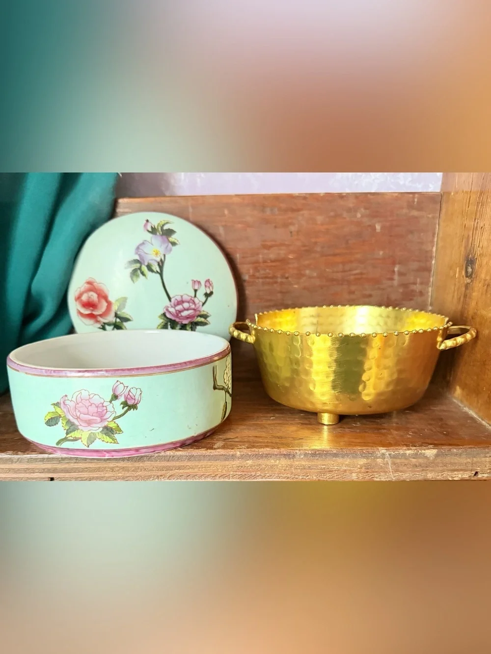 2 Candy Dishes One Hammered Gold and One Blue Floral ceramic